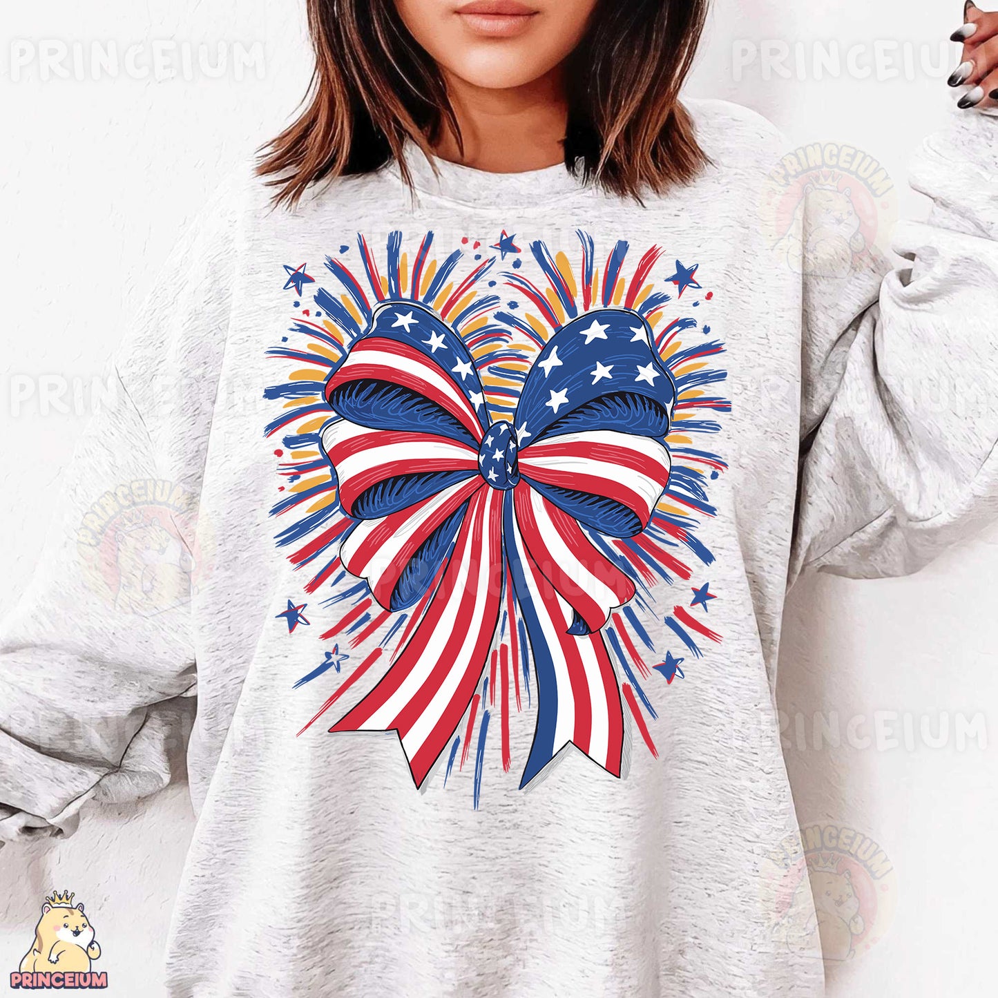 a woman wearing a sweatshirt with an american flag heart on it