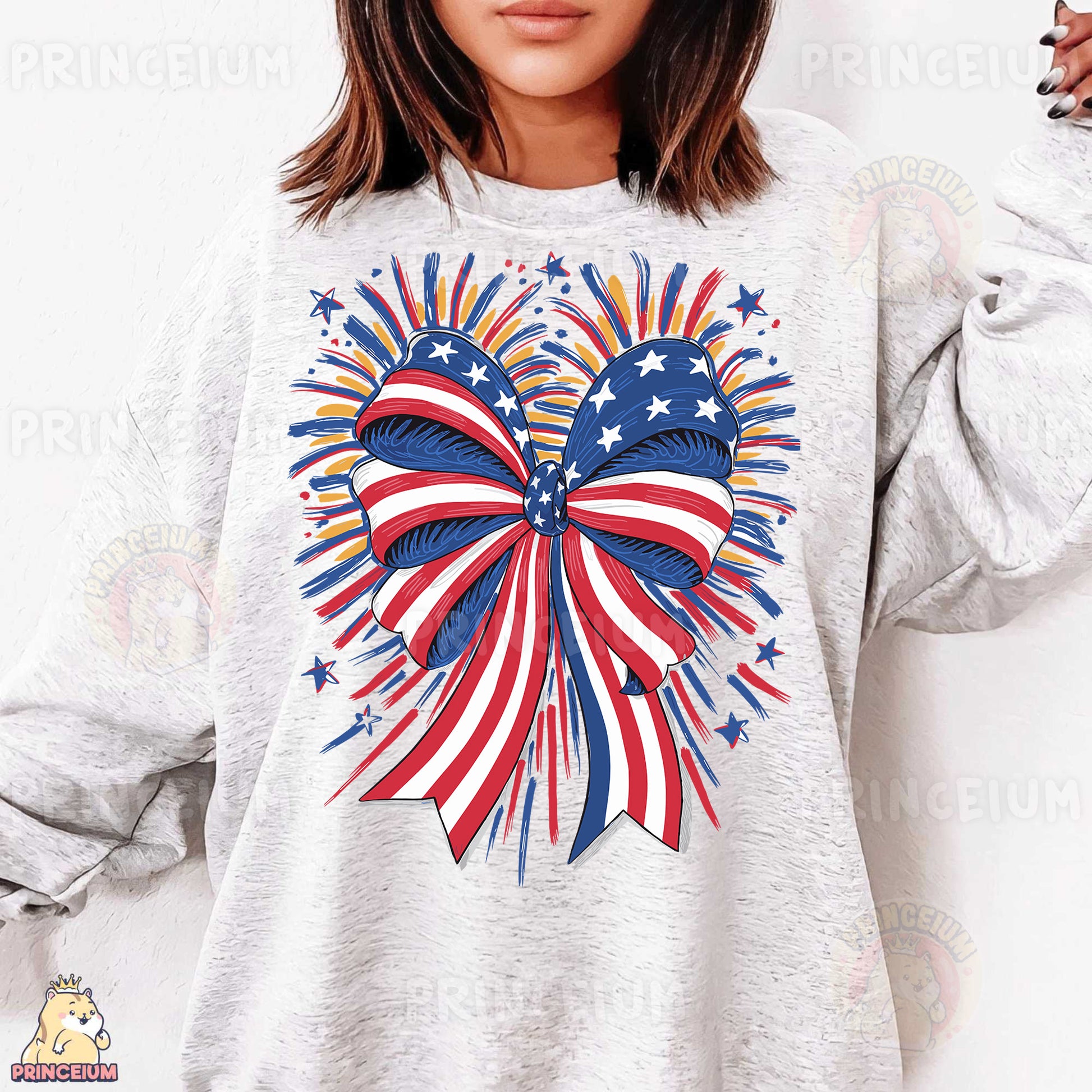 a woman wearing a sweatshirt with an american flag heart on it