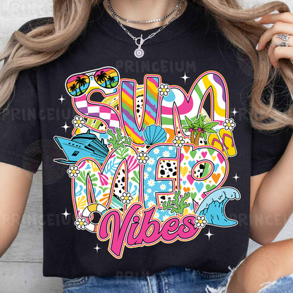 a woman wearing a black shirt that says summer vibes