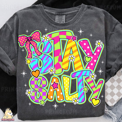 a t - shirt with the words stay salty on it