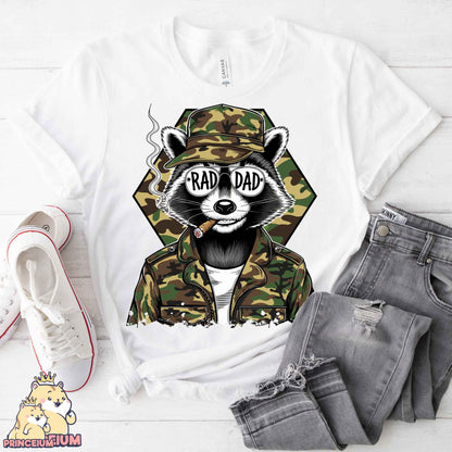 a raccoon wearing a camo jacket with the words raccoon dad