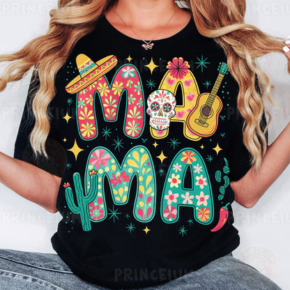 a woman wearing a black t - shirt with a mexican design