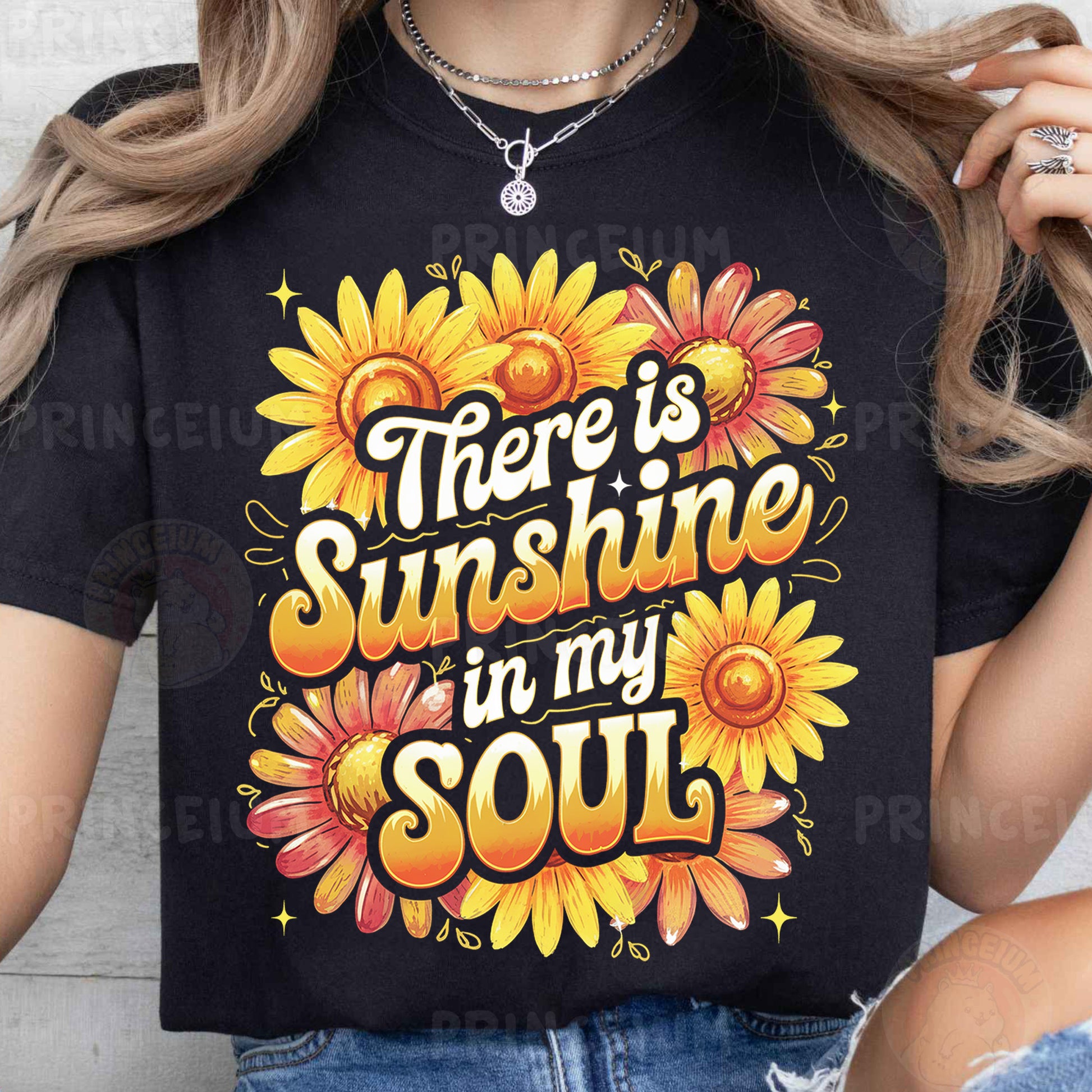 a woman wearing a t - shirt that says, there is sunshine in my soul