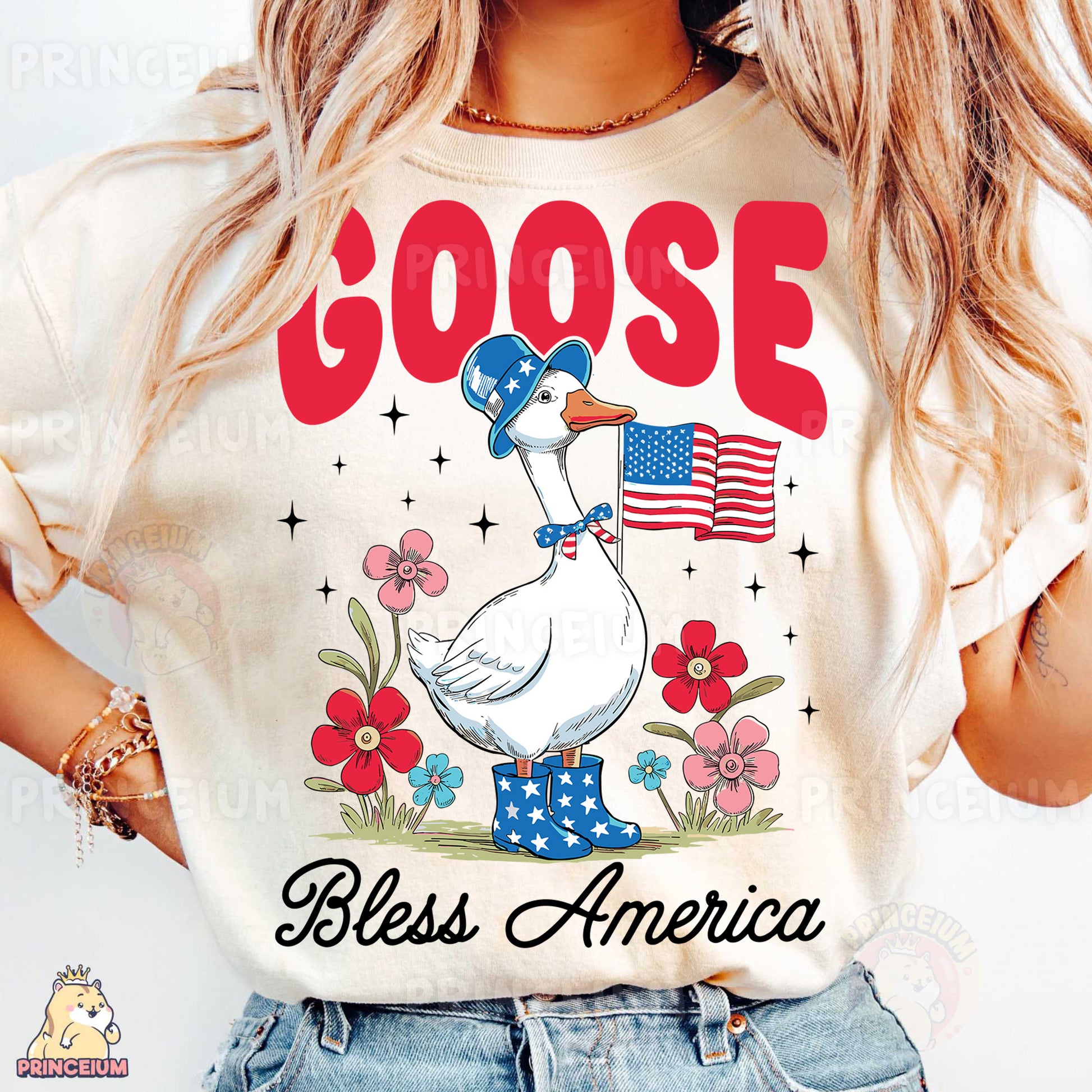 a woman wearing a goose t - shirt with an american flag