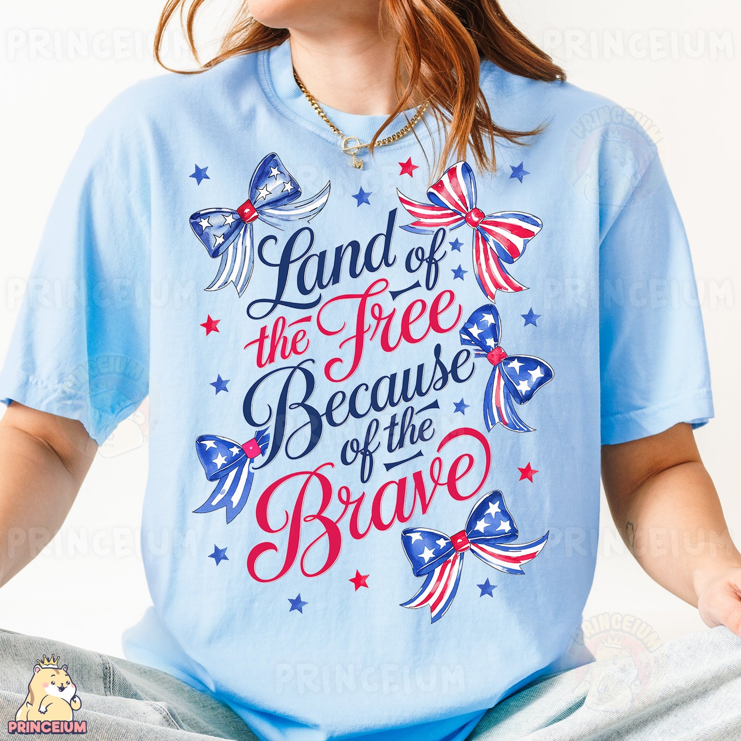 a woman wearing a t - shirt that says land of the free because of the