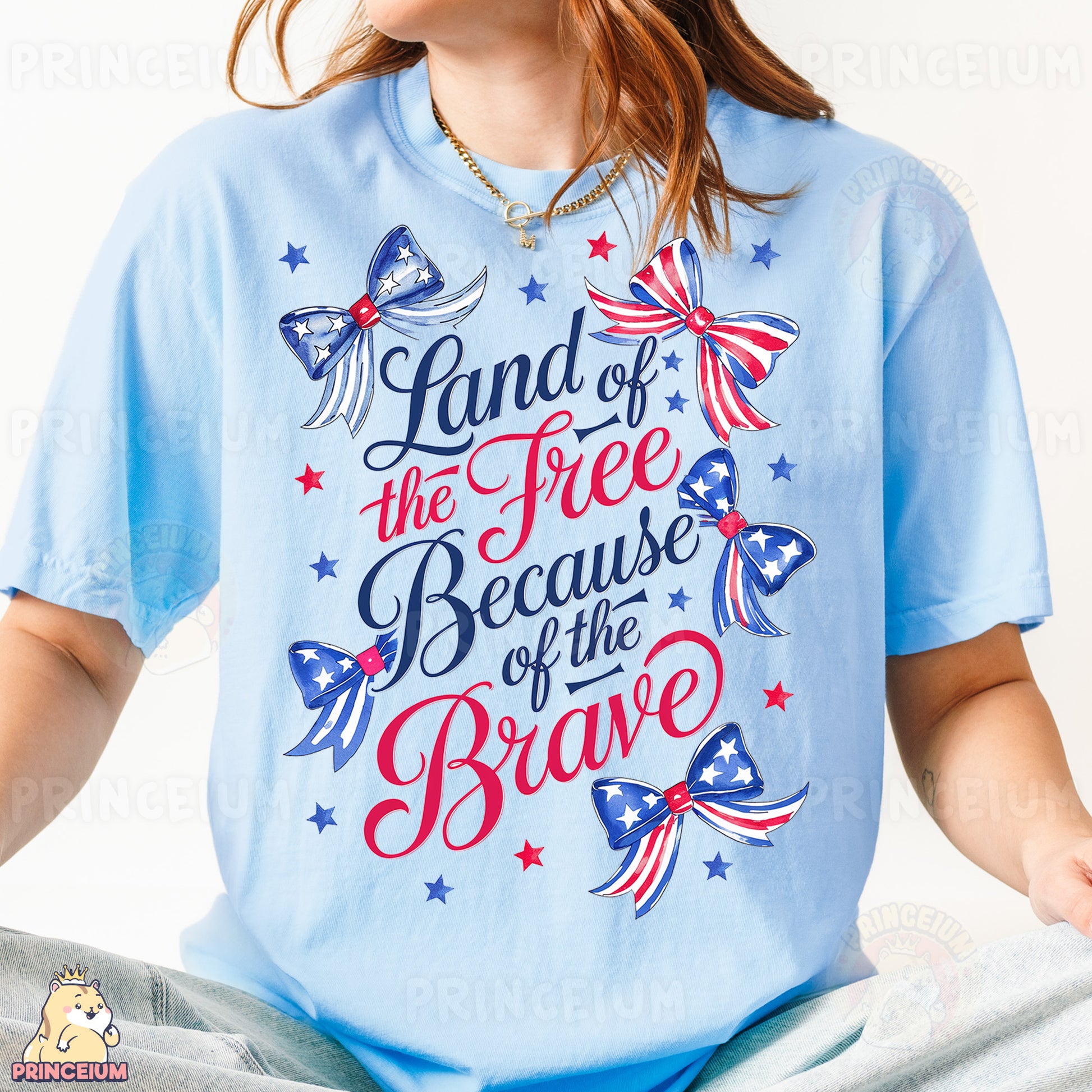 a woman wearing a t - shirt that says land of the free because of the