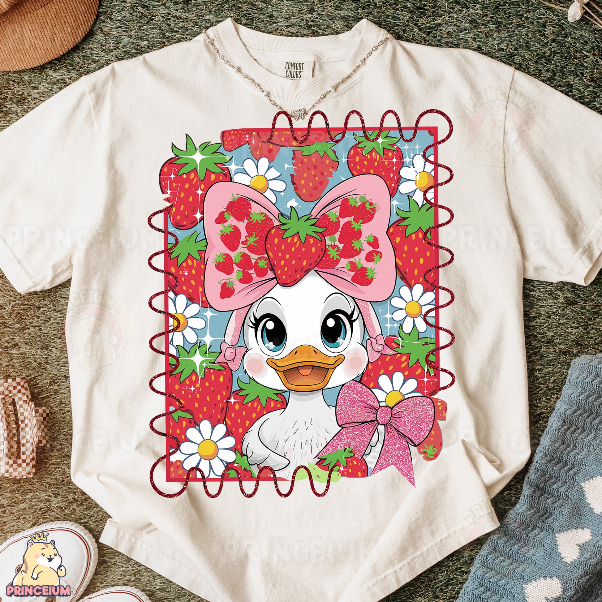 a t - shirt with a picture of a duck wearing a bow