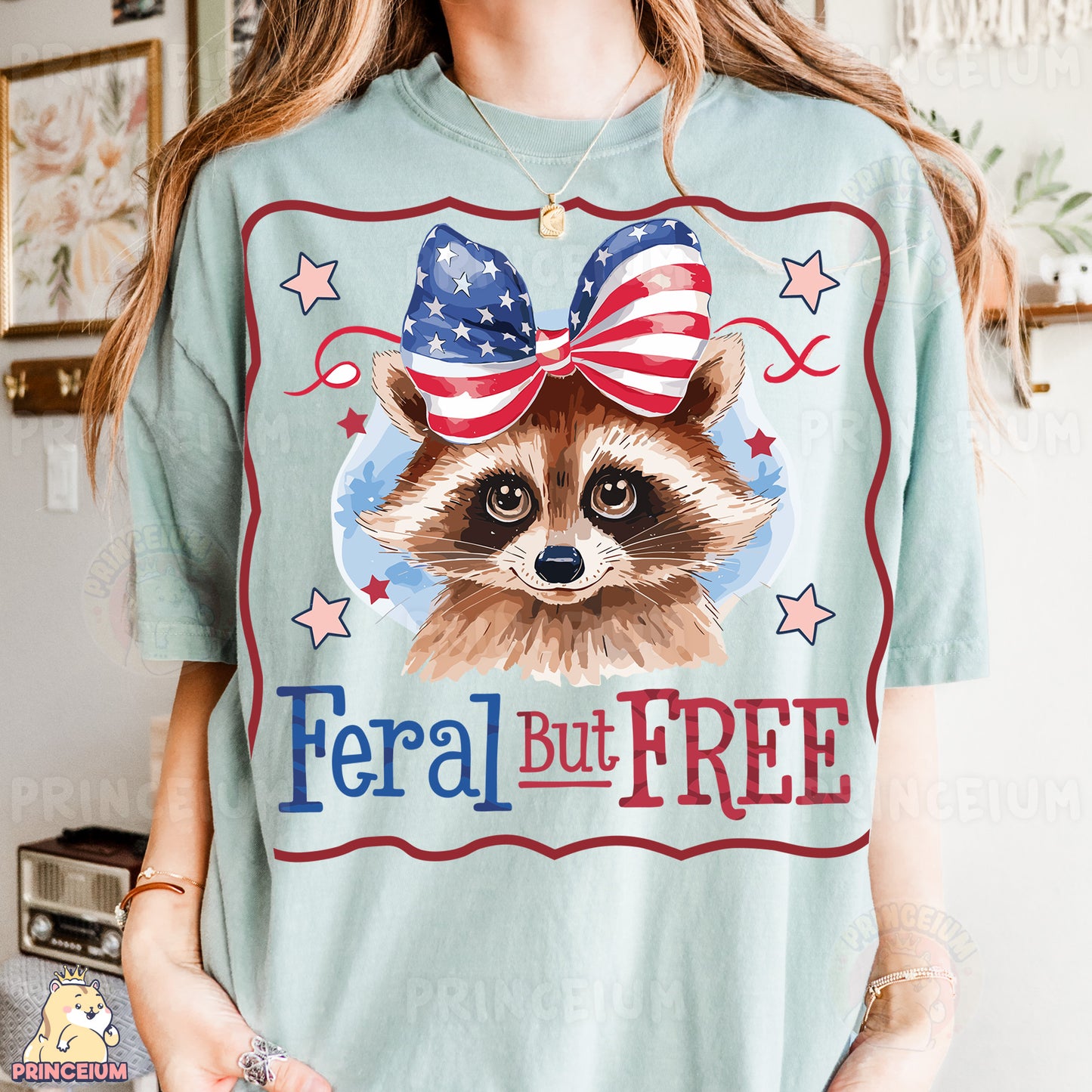 a woman wearing a t - shirt with a raccoon wearing an american flag