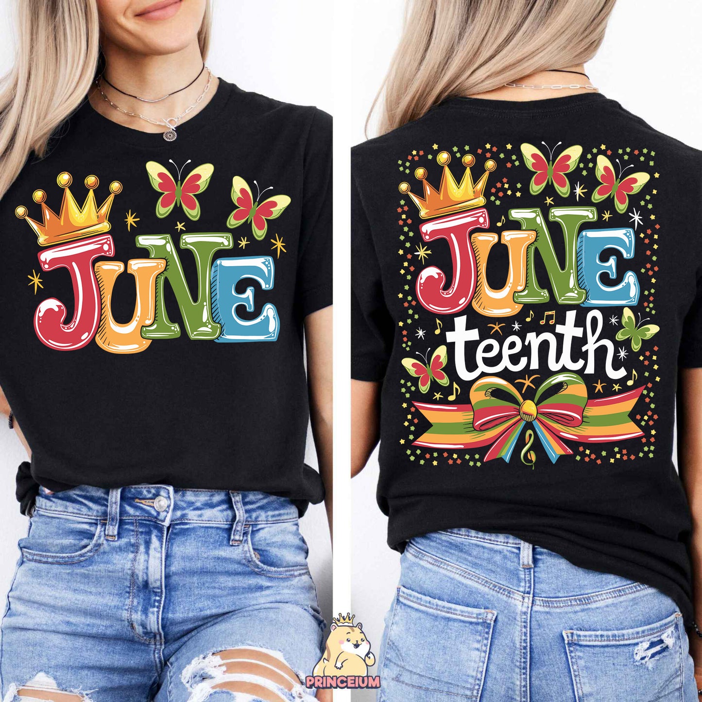 a woman wearing a black shirt with the word june on it