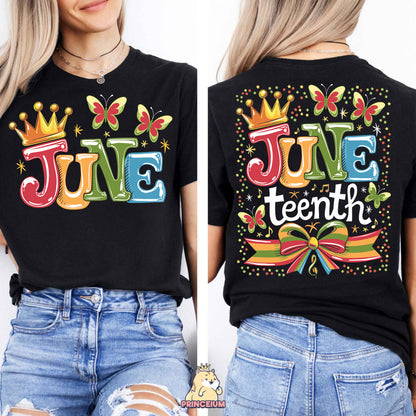 a woman wearing a black shirt with the word june on it