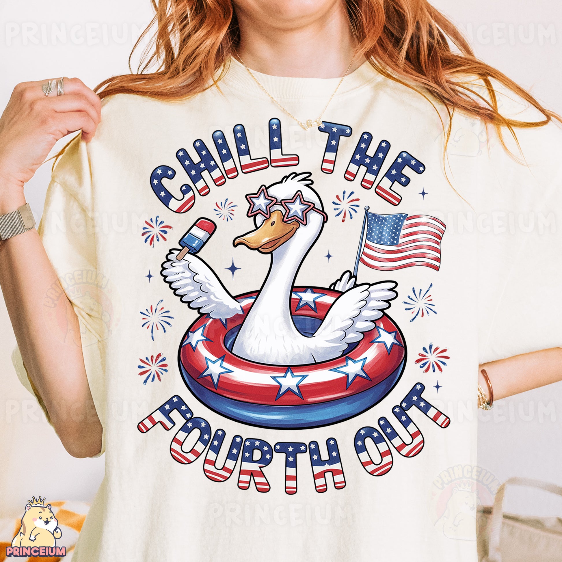 a woman wearing a t - shirt that says chill the fourth of july