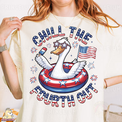 a woman wearing a t - shirt that says chill the fourth of july