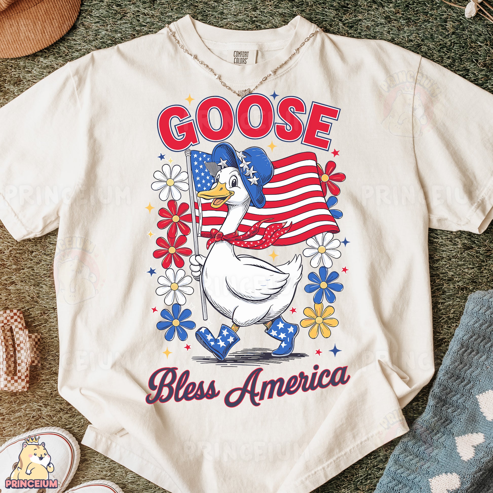 a goose with an american flag on a t - shirt