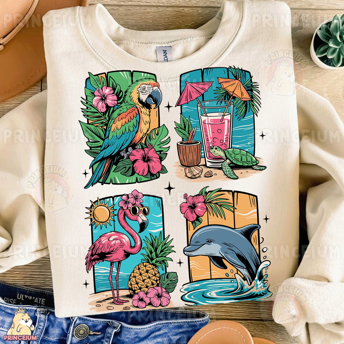 a t - shirt with a picture of a parrot, a flamingo and a
