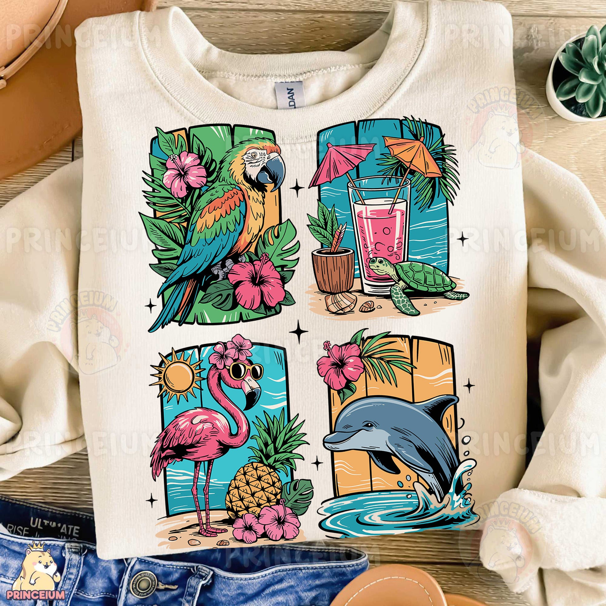 a t - shirt with a picture of a parrot, a flamingo and a