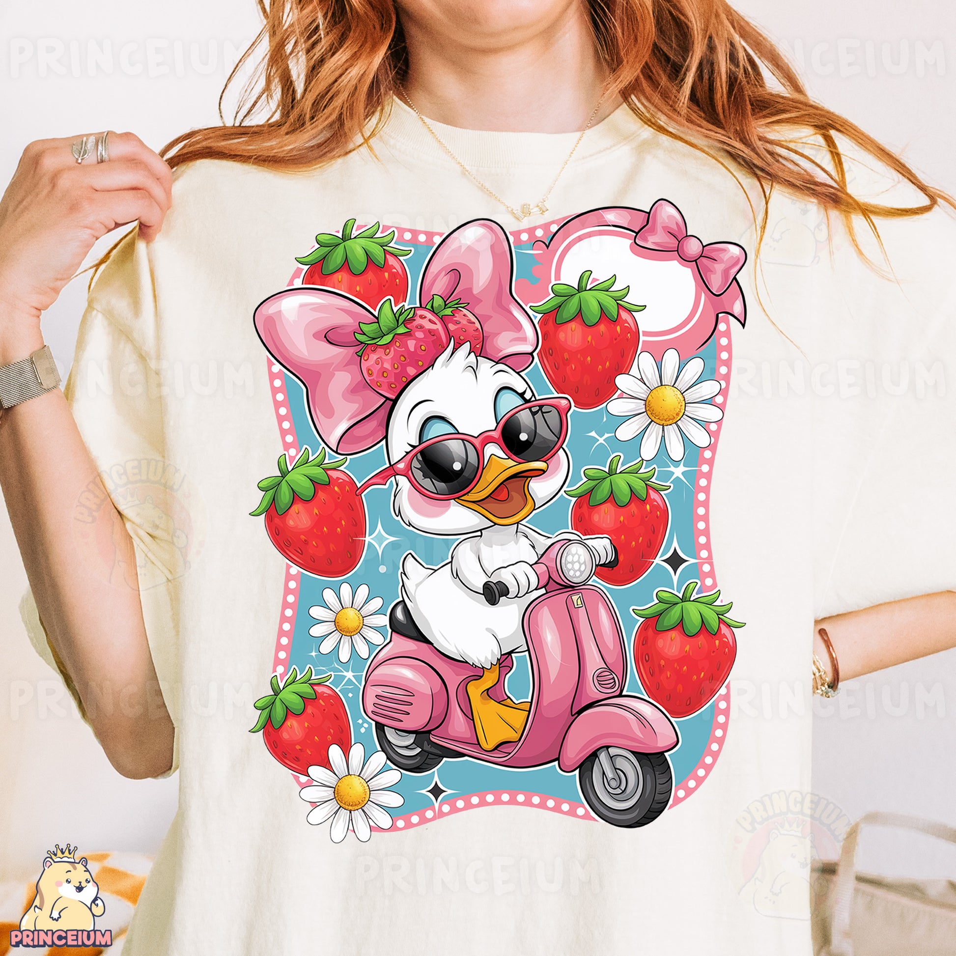 a woman wearing a t - shirt with a cartoon character on it