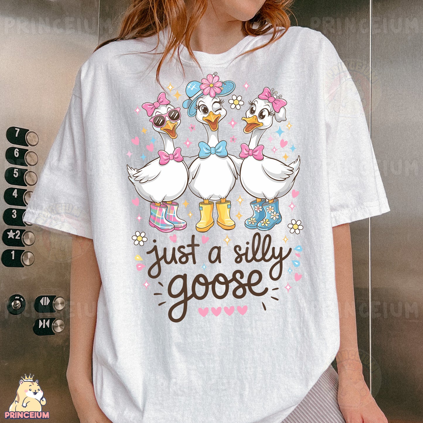 a woman wearing a t - shirt that says just a silly goose