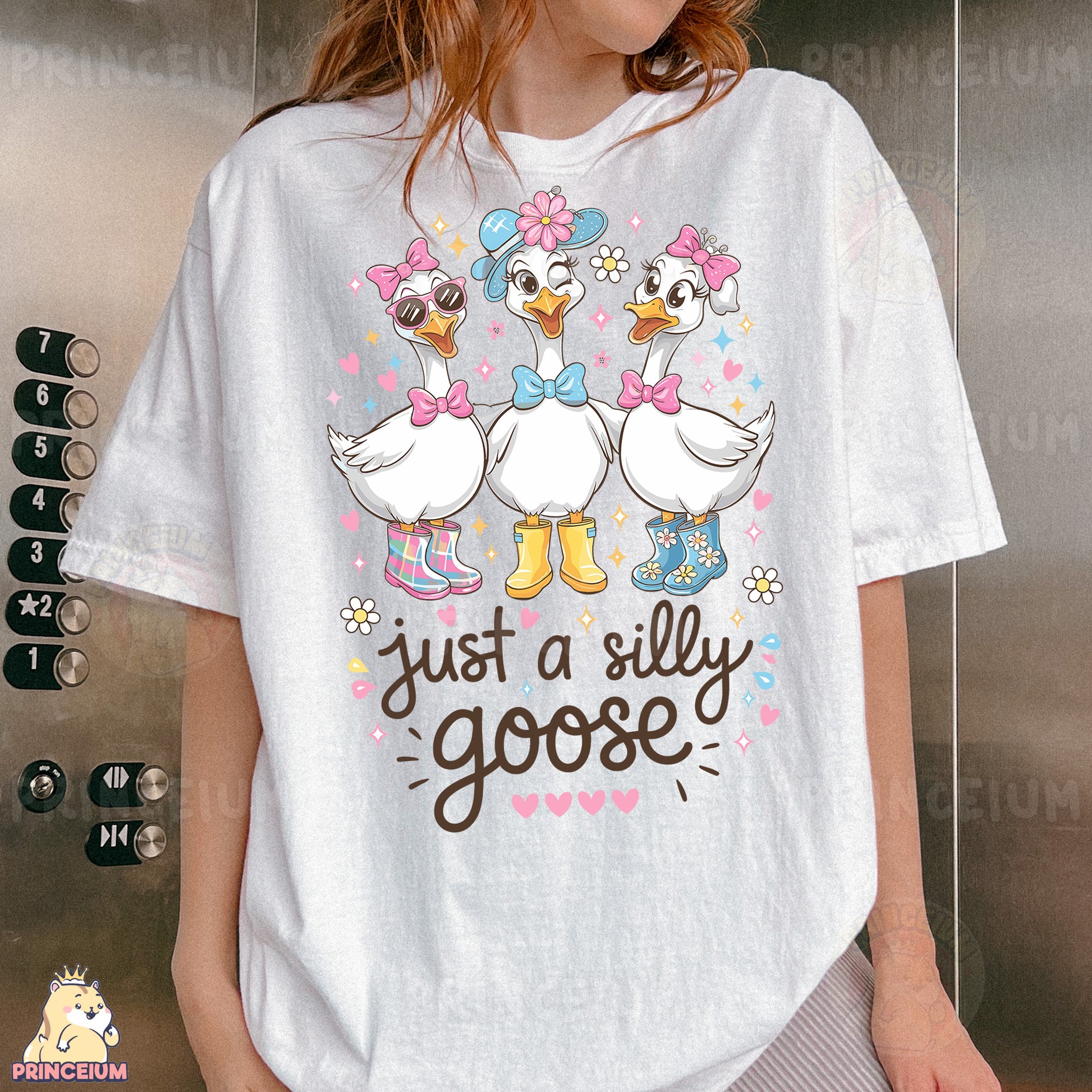 a woman wearing a t - shirt that says just a silly goose