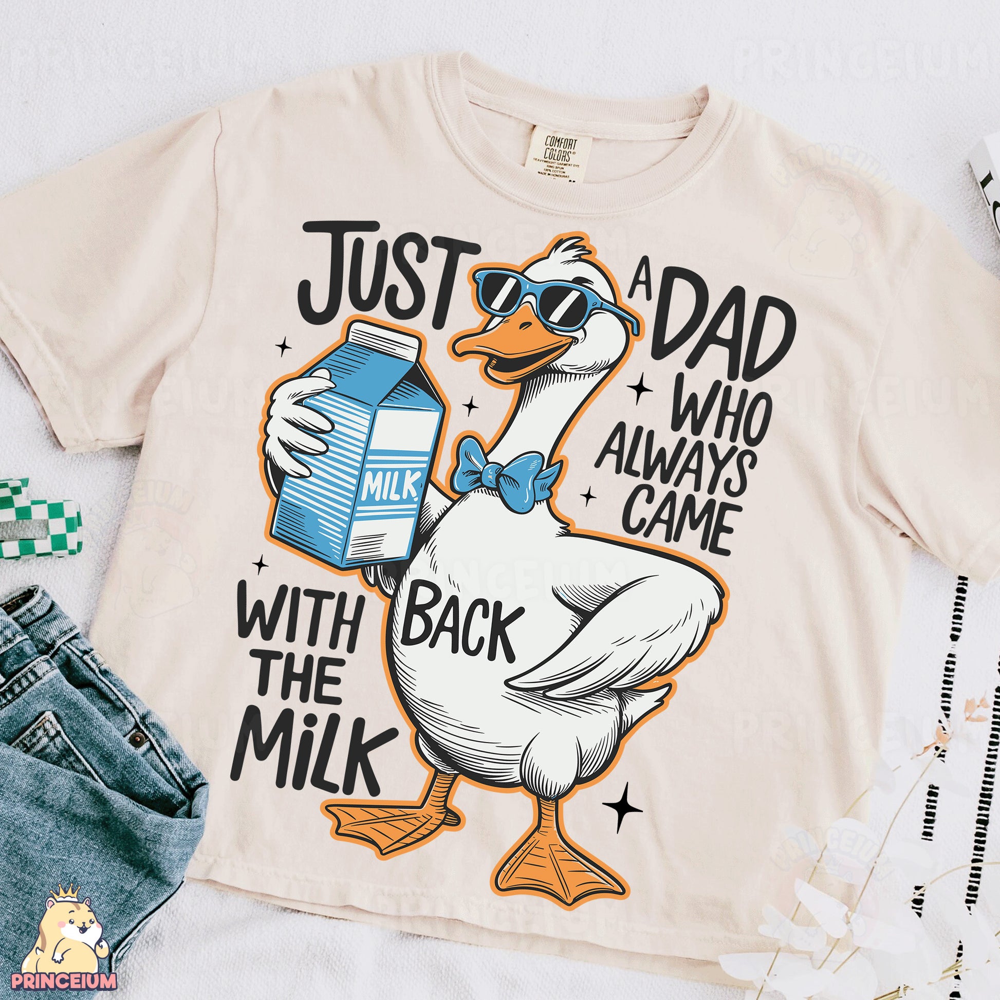 a t - shirt with a duck holding a milk carton