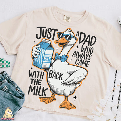 a t - shirt with a duck holding a milk carton