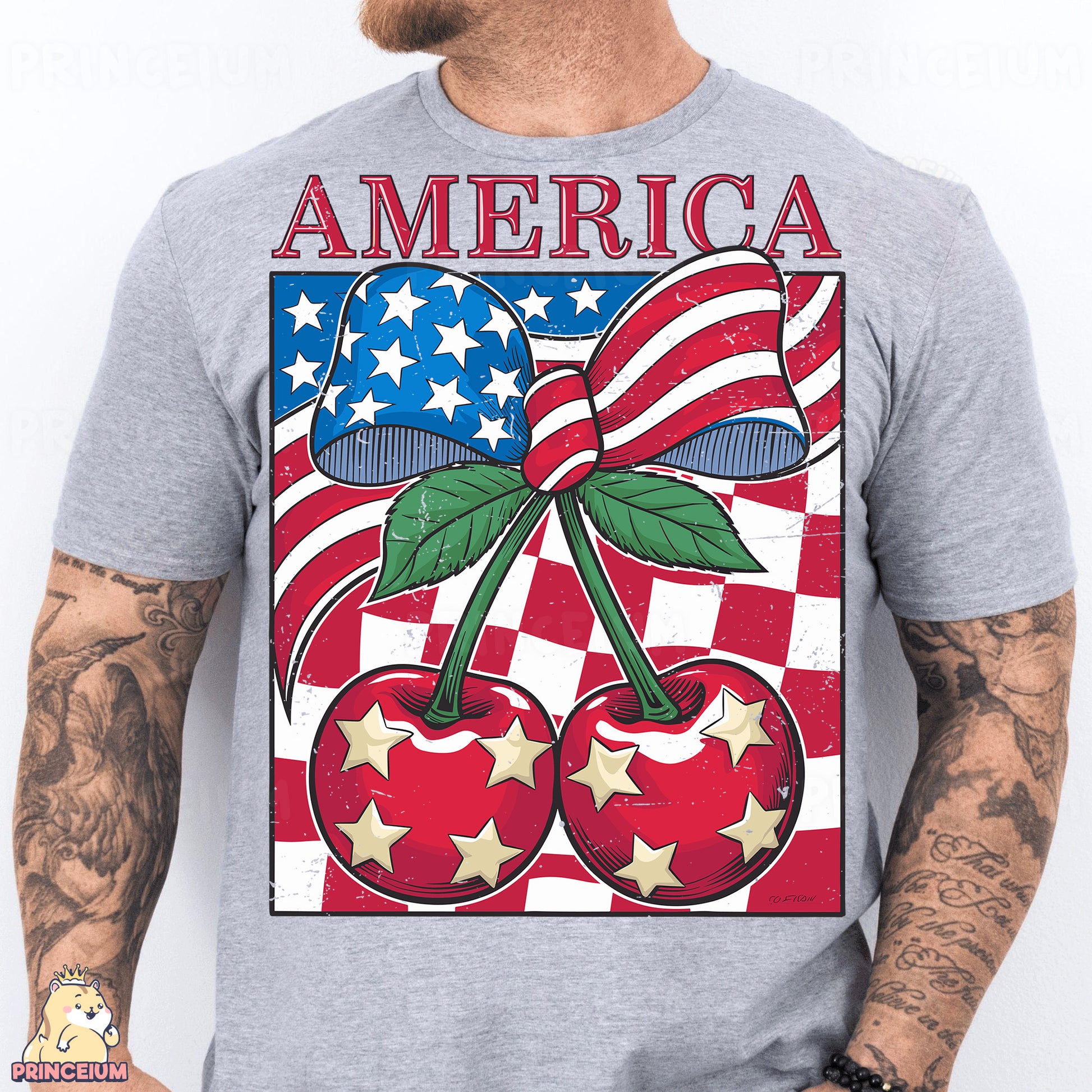 a man wearing a gray american cherry t - shirt