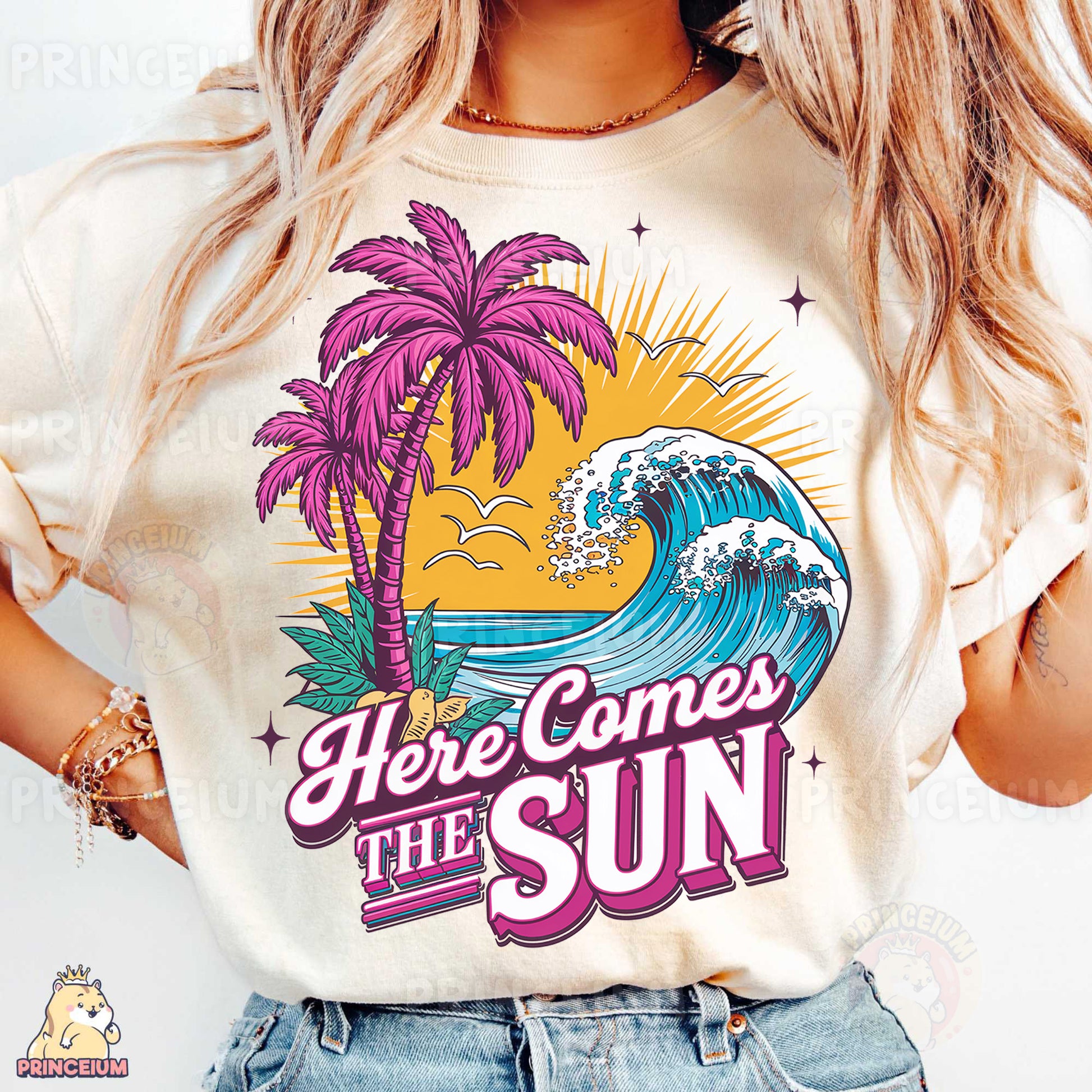 a woman wearing a t - shirt that says here comes the sun