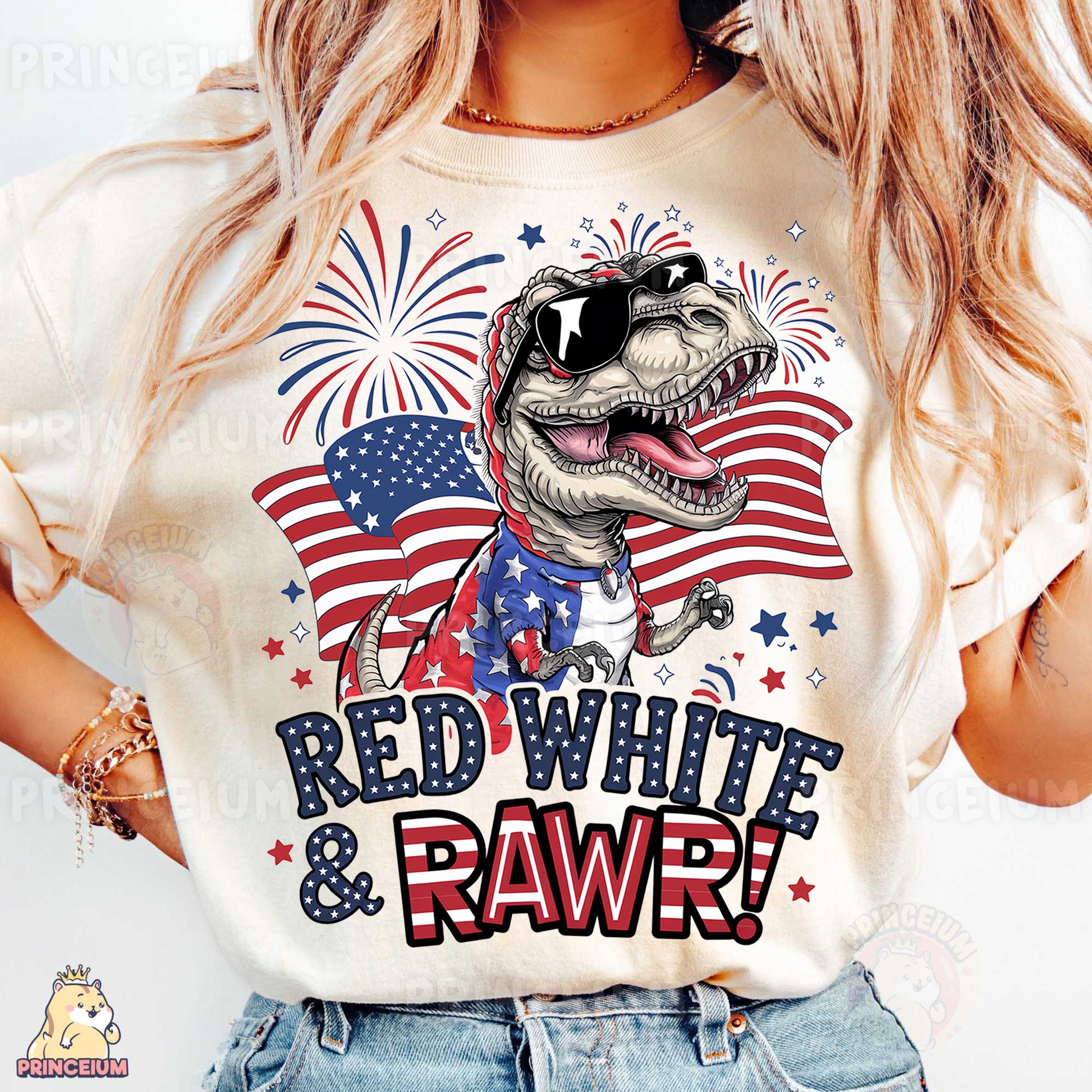 a woman wearing a red, white and raw t - shirt