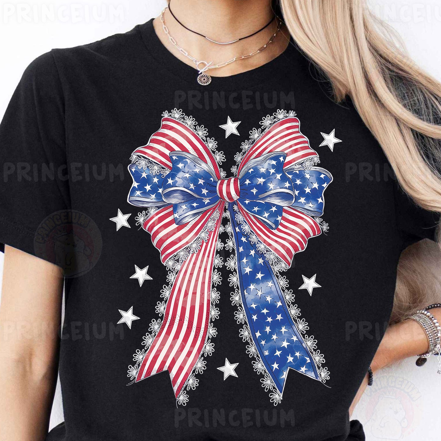 a woman wearing an american flag bow t - shirt