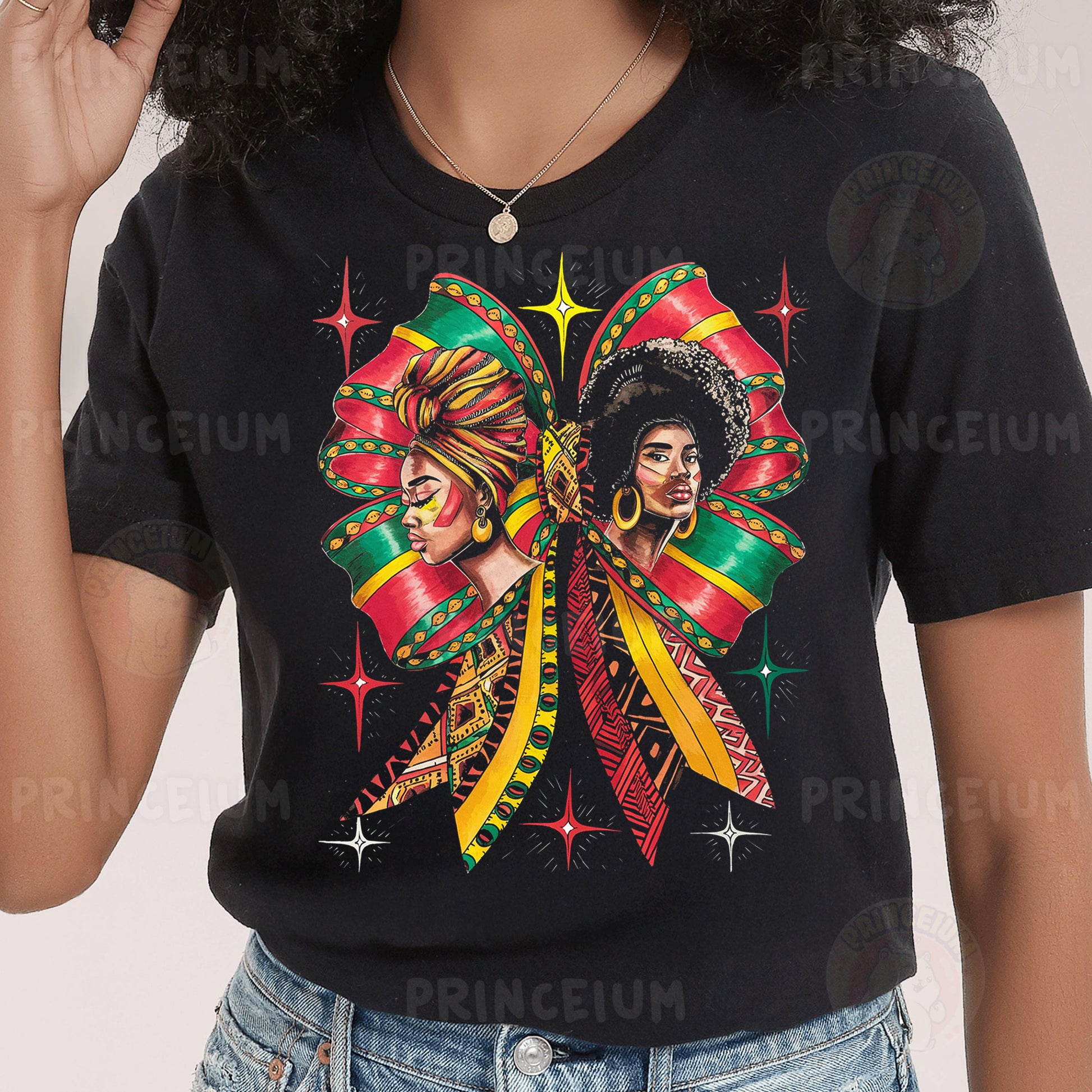 a woman wearing a black t - shirt with a picture of a woman's