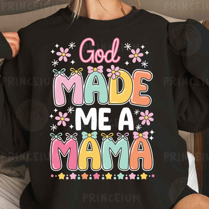 a woman wearing a black sweatshirt that says god made me a mama