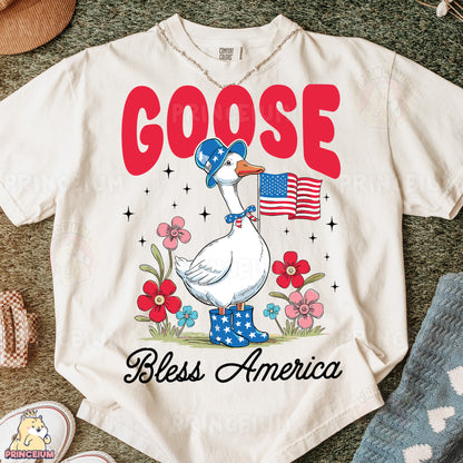 a goose with an american flag on a t - shirt
