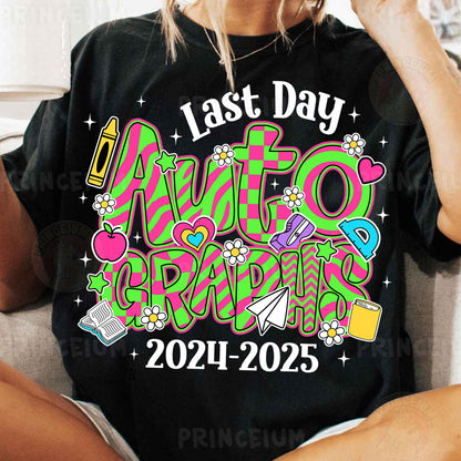 a woman sitting on a couch wearing a t - shirt that says last day auto