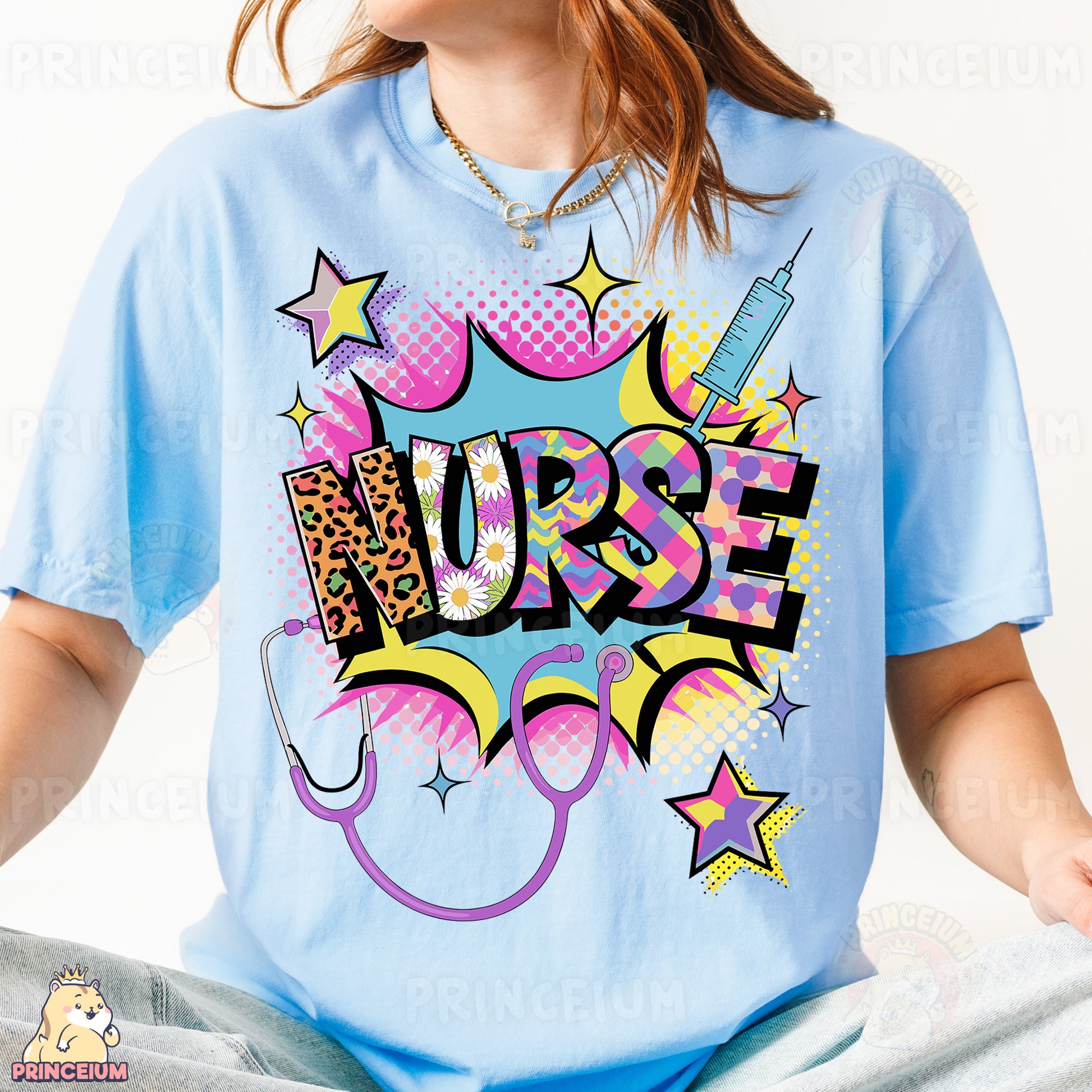 a woman wearing a blue shirt that says nurse