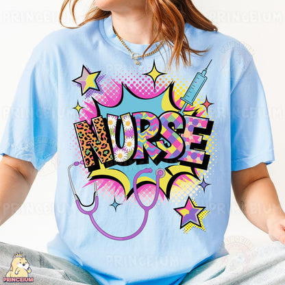 a woman wearing a blue shirt that says nurse