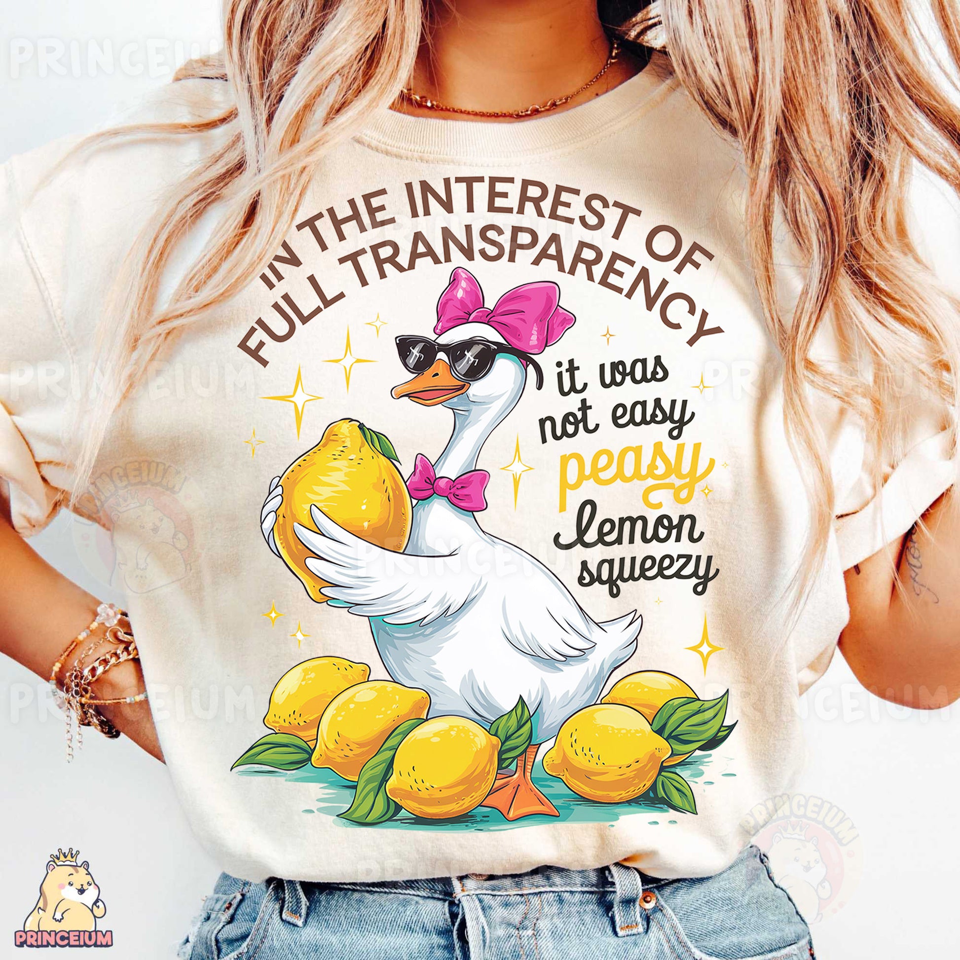 a woman wearing a t - shirt with a duck on it