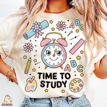 a woman wearing a t - shirt that says time to study