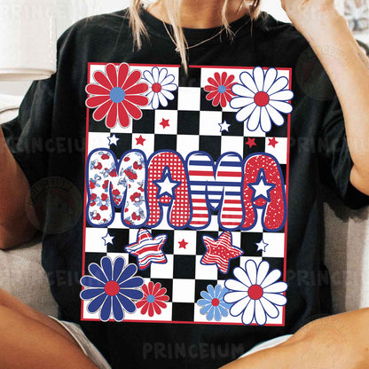 a woman sitting on a couch wearing a black shirt with red, white and blue