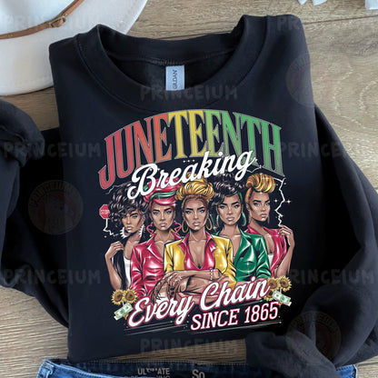 a black t - shirt with the words juneteeth breaking every chain since 1989