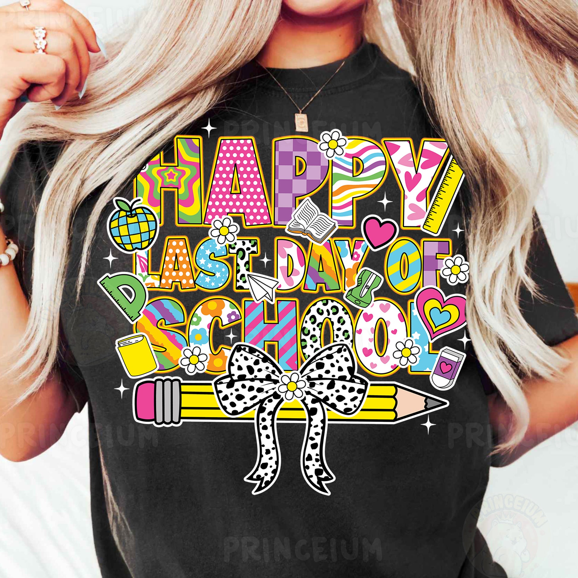 a woman wearing a black happy birthday tshirt