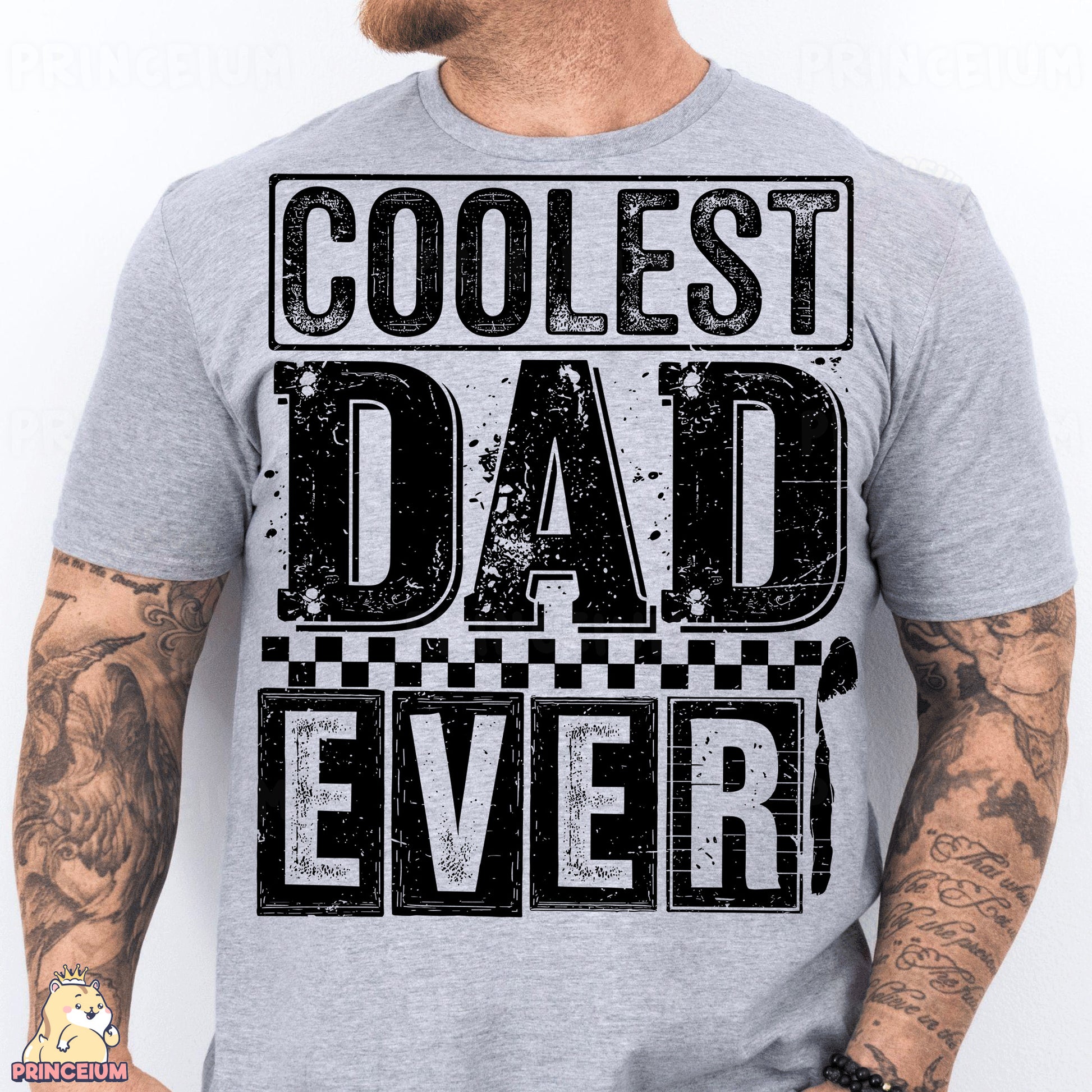 a man wearing a grey shirt that says coolest dad ever