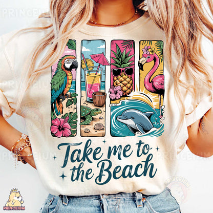 a woman wearing a t - shirt that says take me to the beach