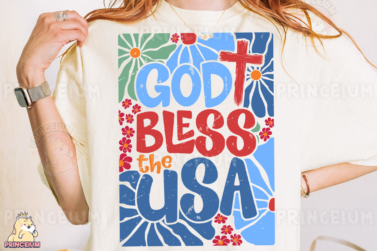 a woman wearing a t - shirt with the words god, bless, and usa