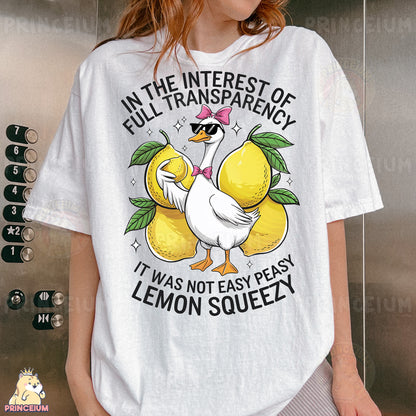 a woman wearing a white t - shirt with lemons on it