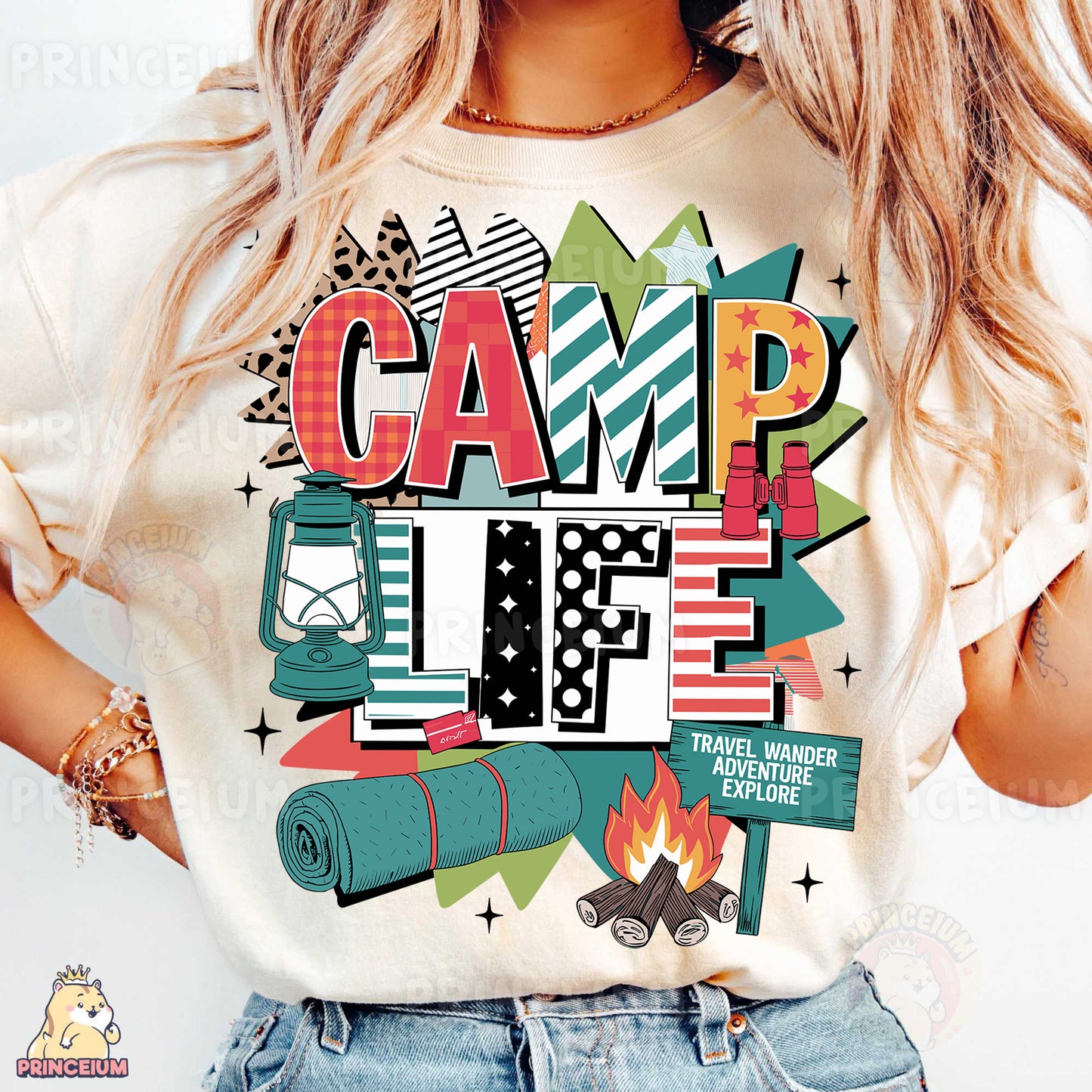a woman wearing a t - shirt that says camp life