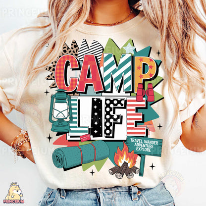 a woman wearing a t - shirt that says camp life