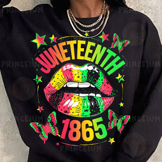 a woman wearing a black sweater with the words juneteeth on it
