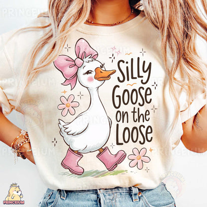 a woman wearing a silly goose on the loose t - shirt