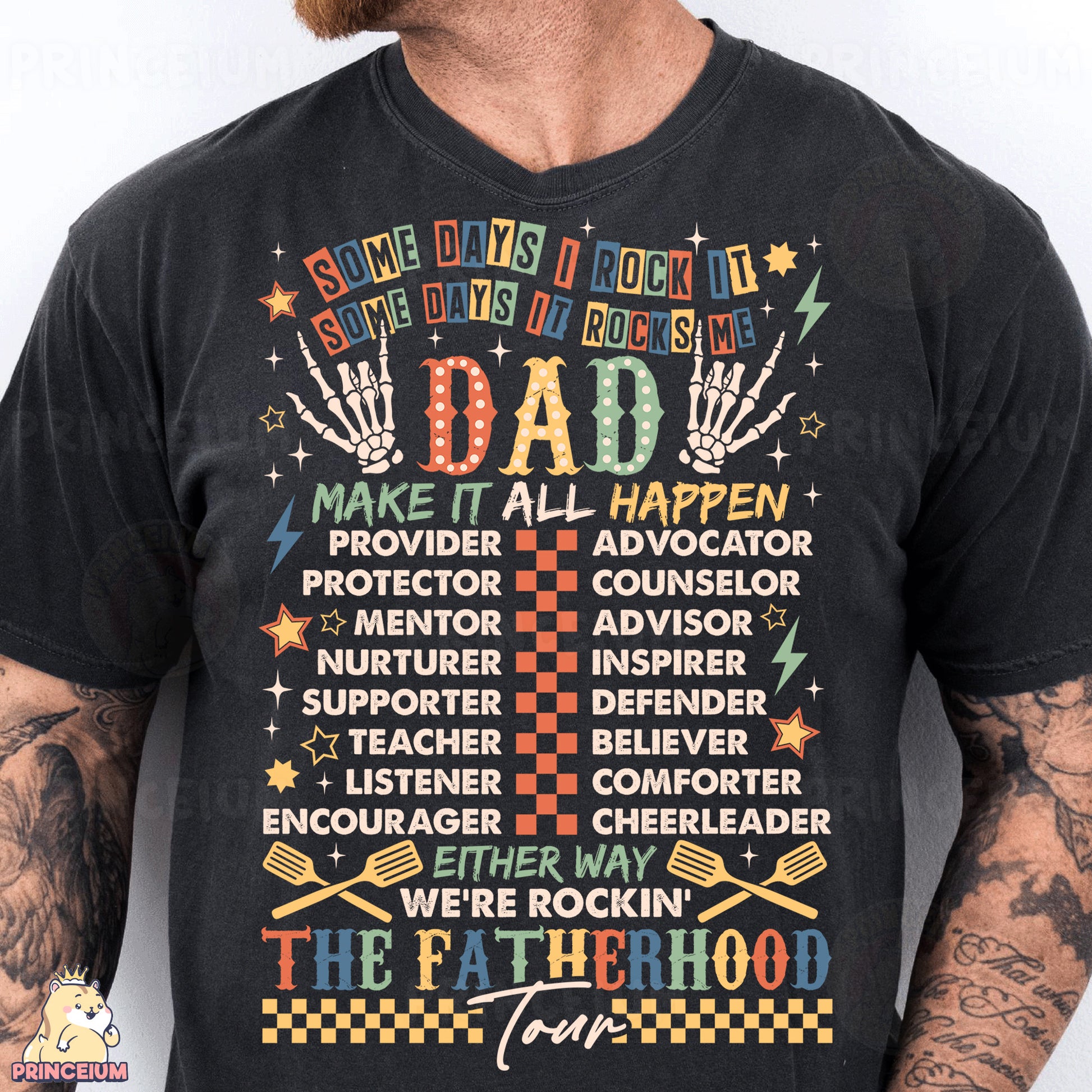 a man wearing a black t - shirt with the words dad written on it