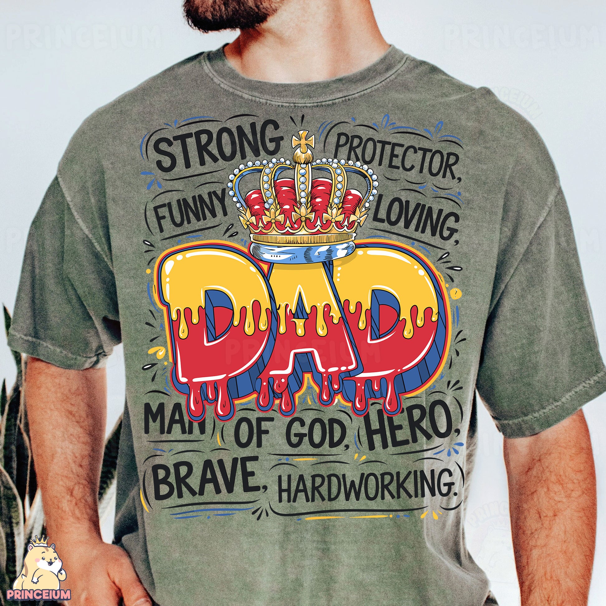 a man wearing a t - shirt with a crown on it