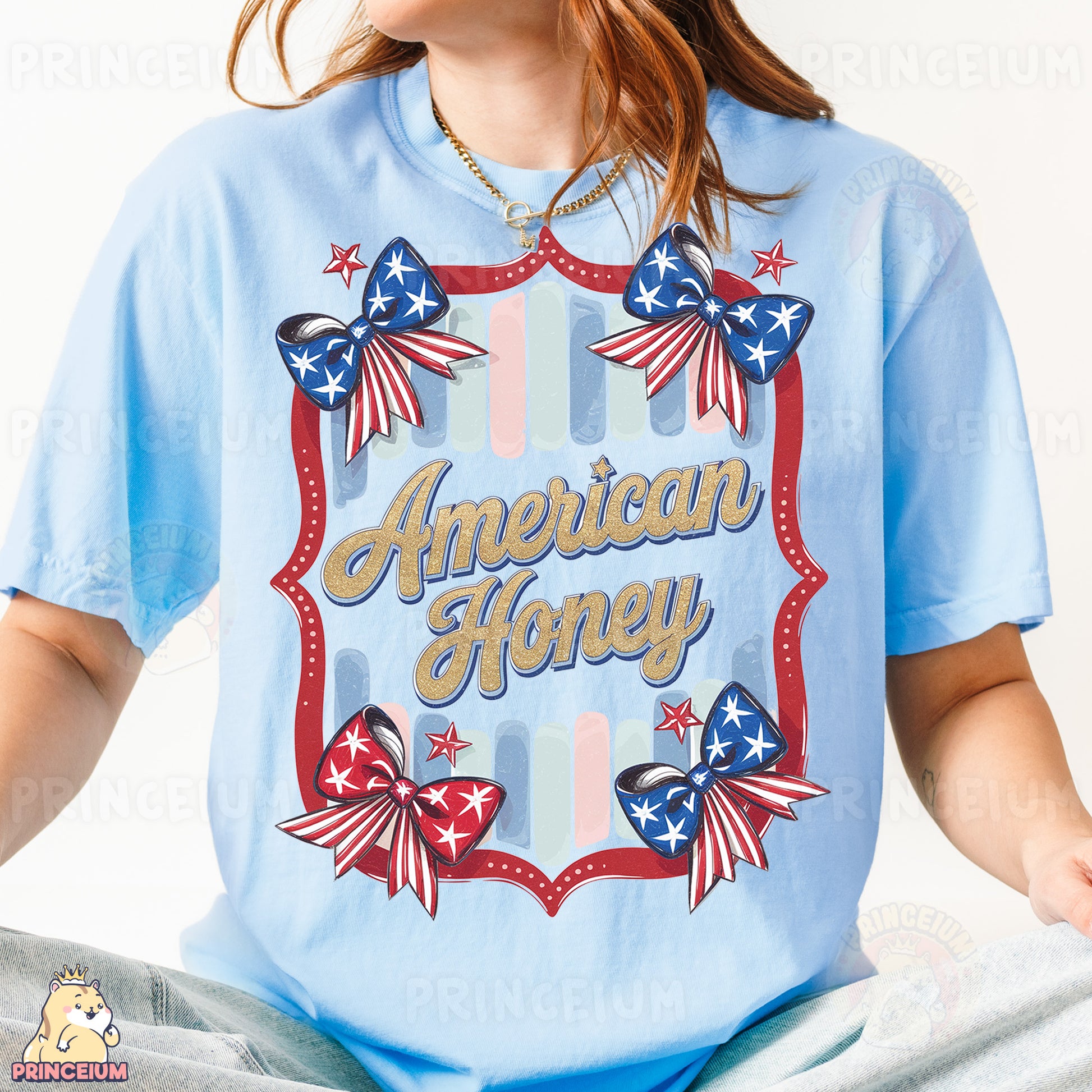 a woman wearing a blue american honey t - shirt